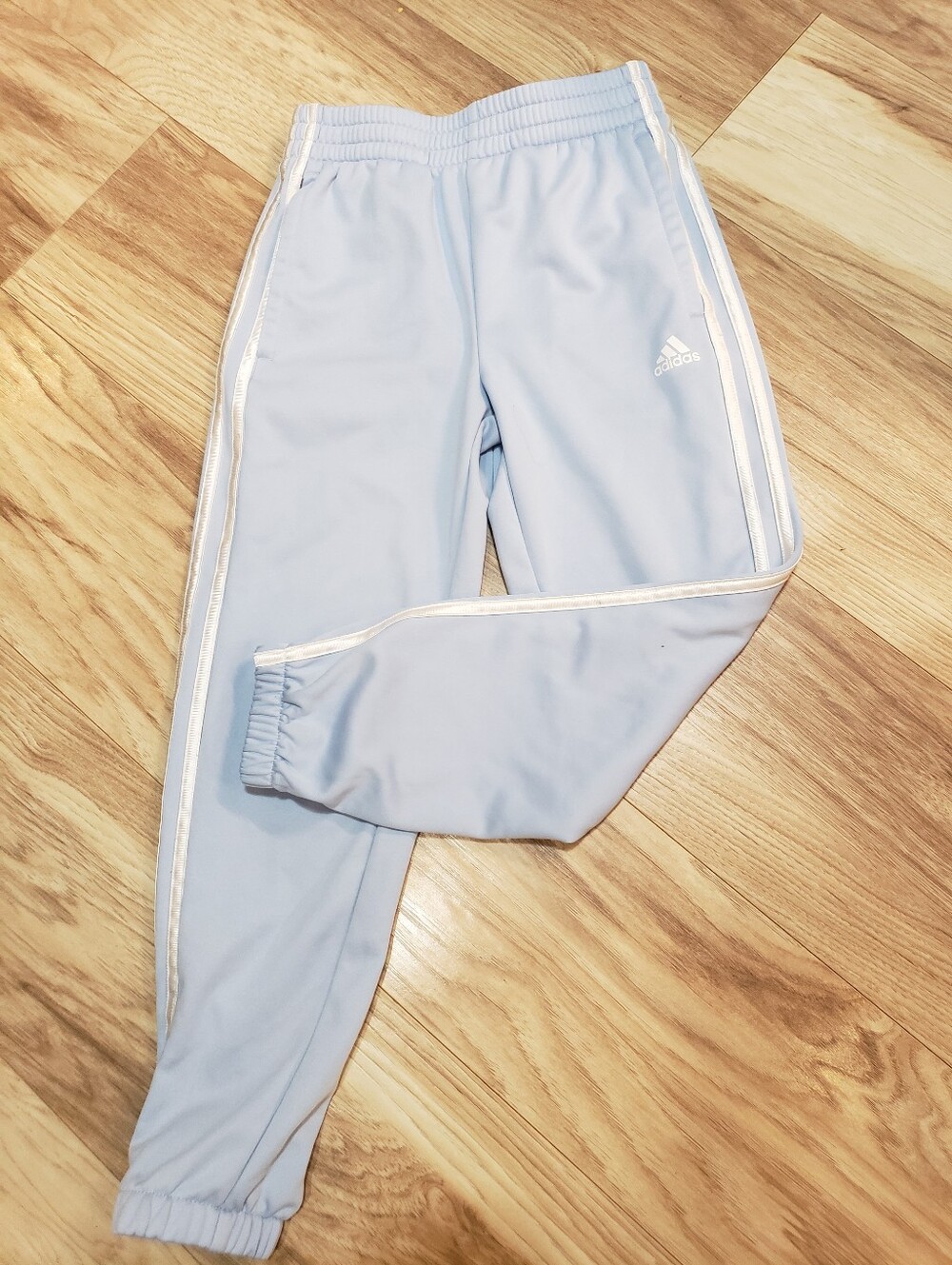 Girls 7/8 Adidas Light Blue Jogger Like New White Double Stripes Down Sides